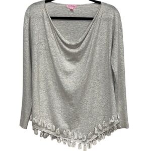 Lilly Pulitzer Ferrera Pullover Sweater Cowl Drape Asymmetrical Tassel Hem Loose